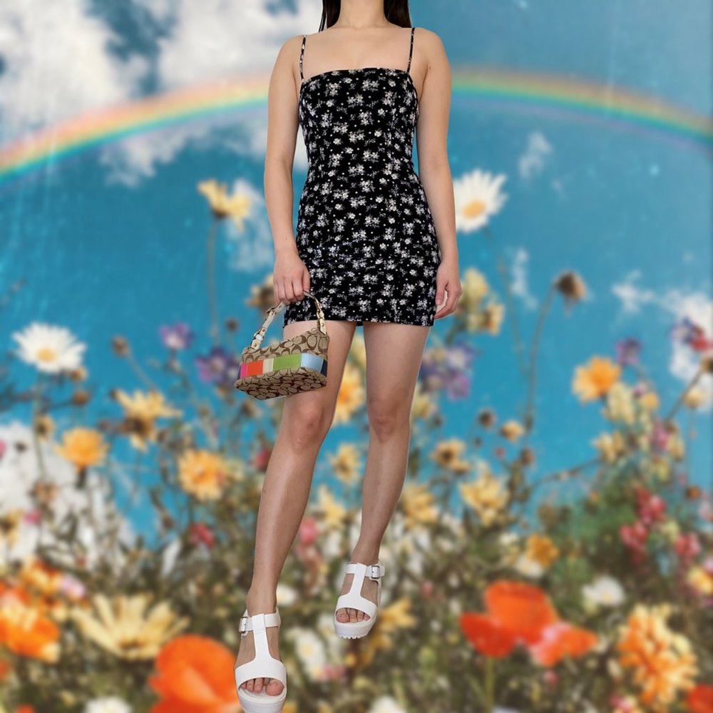 Reformation Black Floral Velvet Mini Dress